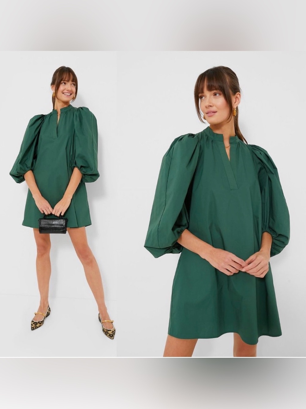 Pomander Place NEW Emerald Green Astrid Puff Sleeve Poplin Mini Dress